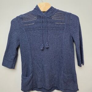Pure Jill Blue Textured Knit‎ Hooded Tunic Sweater 3/4 Sleeve Pockets Size L
